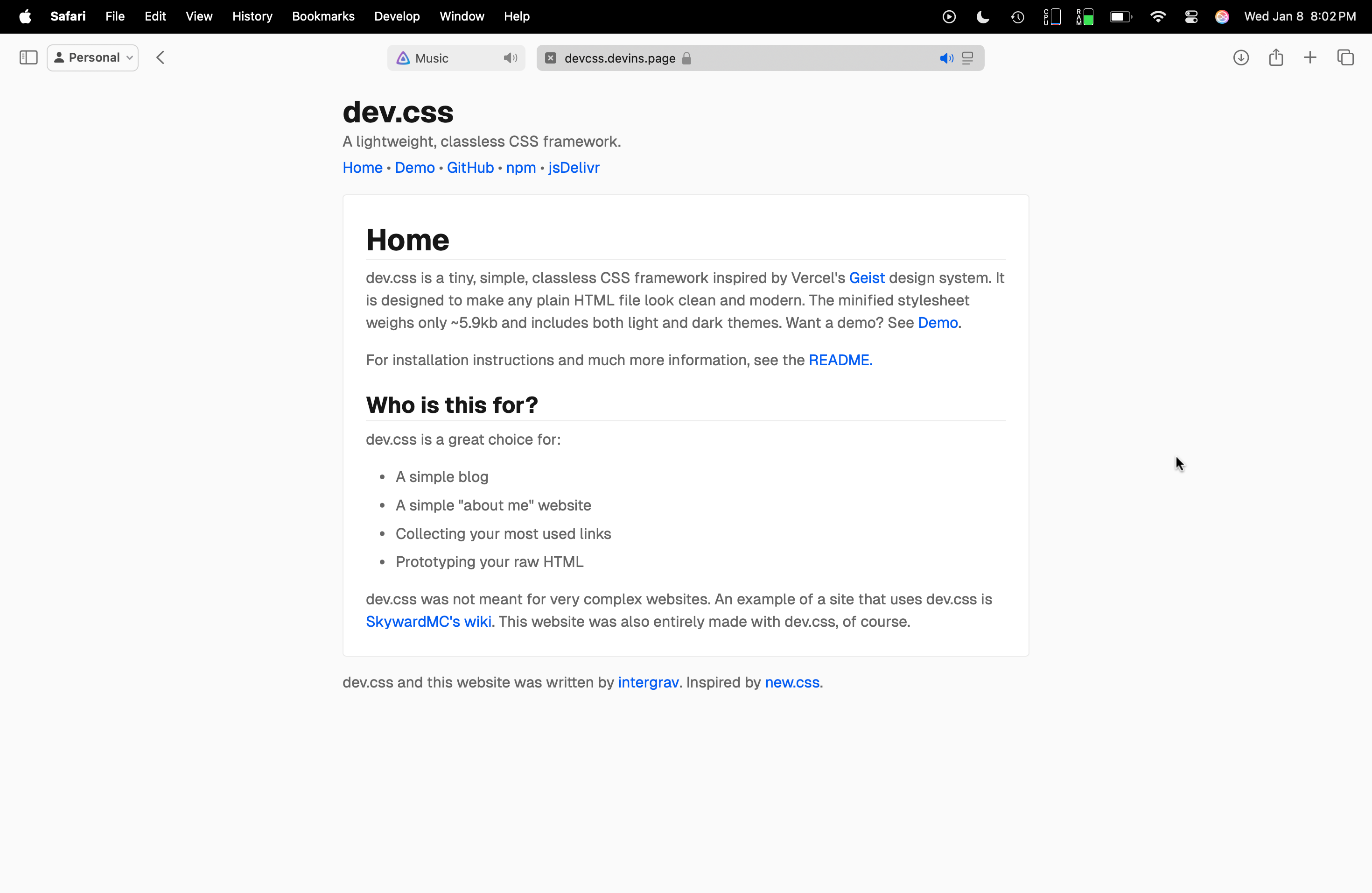 dev.css desktop demo, light mode